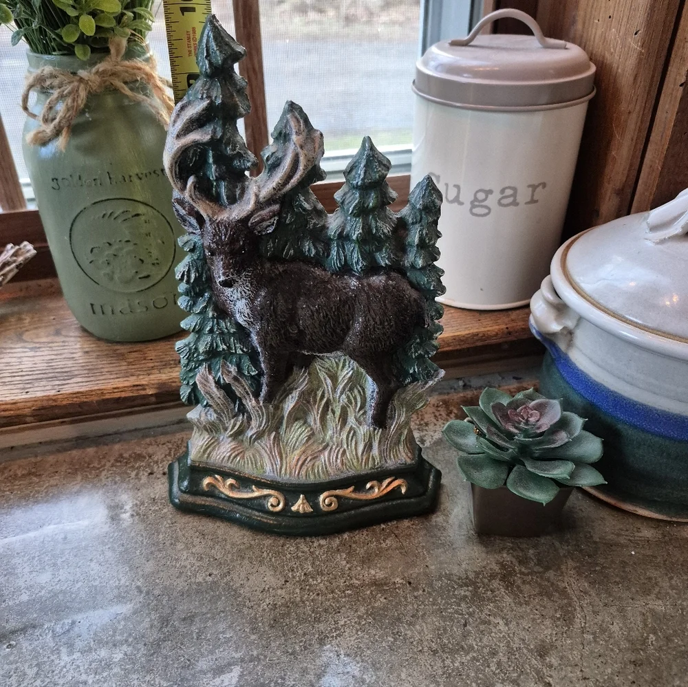Vintage Cast Metal Deer In Woods Woodland Heavy Handpainted Door Stop / Book End